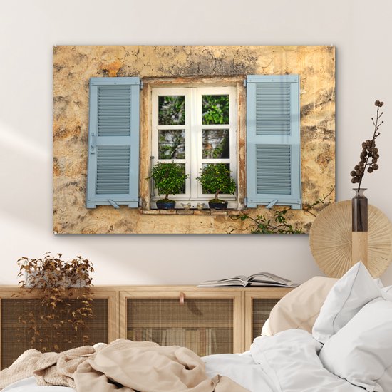 Peinture sur verre - Vieux Mur aux volets bleus - 120x80 cm - Peintures sur Verre Peintures - Photo sur Glas