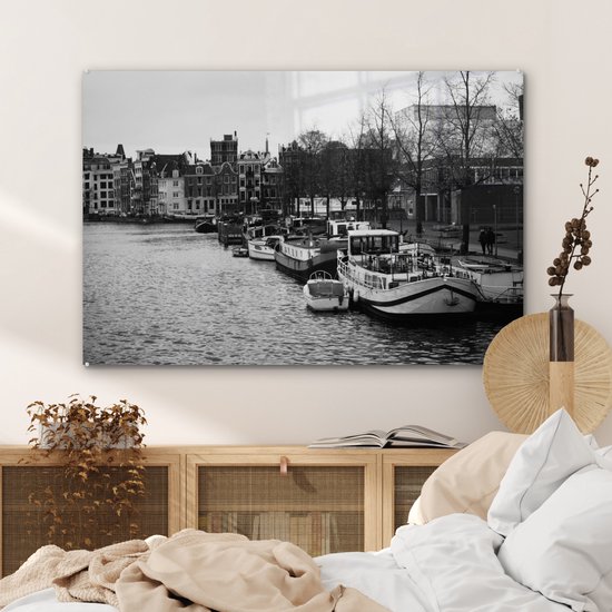Peinture sur Verre - Canal à Amsterdam - Zwart - Wit - 120x80 cm - Peintures sur Verre Peintures - Photo sur Glas