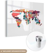 MuchoWow® Glasschilderij 80x60 cm - Schilderij acrylglas - Moderne wereldkaart geometrische vormen - Foto op glas - Schilderijen