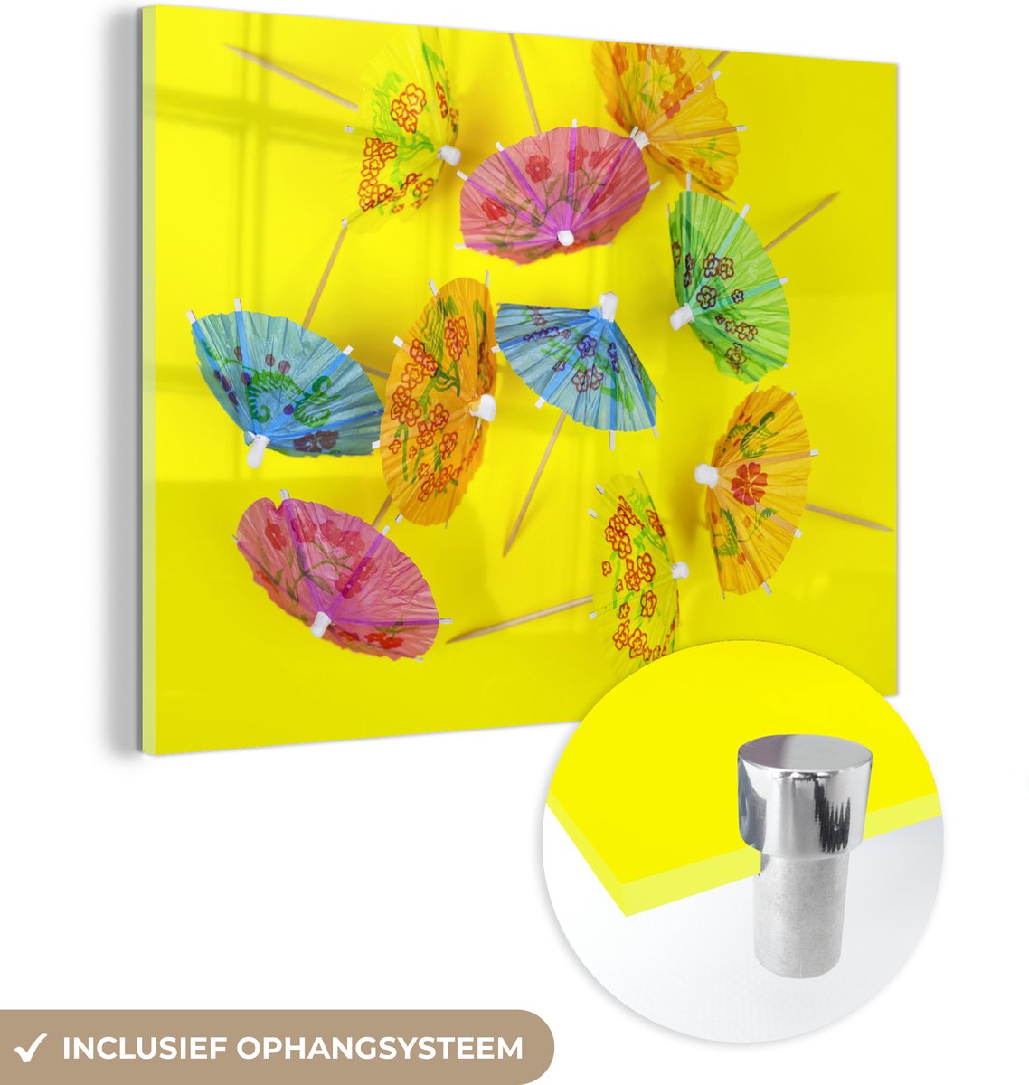 ® Glasschilderij 160x120 cm - Schilderij acrylglas - Parasols op geel - Foto op glas - Muurdecoratie woonkamer - Wanddecoratie slaapkamer - Schilderijen
