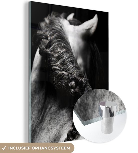 MuchoWow® Peinture sur verre 120x160 cm - Peinture sur verre acrylique - Cheval - Tresses - Zwart - blanc - Photo sur verre - Peintures