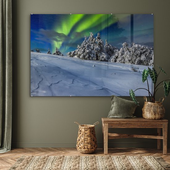 MuchoWow® Peinture sur verre 180x120 cm - Peinture sur verre - Aurores boréales - Neige - Arbre - Hiver - Photo sur verre acrylique - Peintures