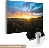 MuchoWow® Glasschilderij 60x40 cm - Schilderij acrylglas - Zon - Lucht - Maïs - Foto op glas - Schilderijen