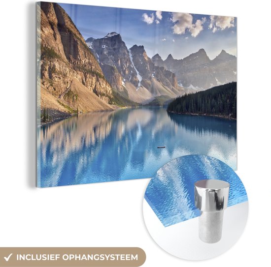 MuchoWow® Glasschilderij 60x40 cm - Schilderij acrylglas - Moraine Lake bij de provincie Alberta in Canada - Foto op glas - Schilderijen