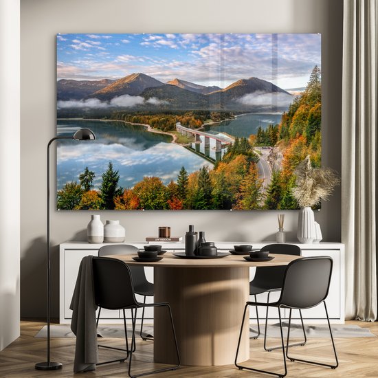 MuchoWow® Peinture sur verre 180x120 cm - Peinture sur verre acrylique - Alpes - Pont - Forêt - Photo sur verre - Peintures