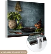 MuchoWow® Glasschilderij 80x60 cm - Schilderij acrylglas - Kruiden - Specerijen - Pan - Mes - Grijs - Rustiek - Foto op glas - Schilderijen
