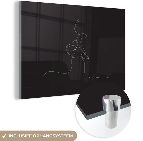 MuchoWow® Glasschilderij 120x80 cm - Schilderij acrylglas - Kus - Lippen - Line art - Foto op glas - Schilderijen