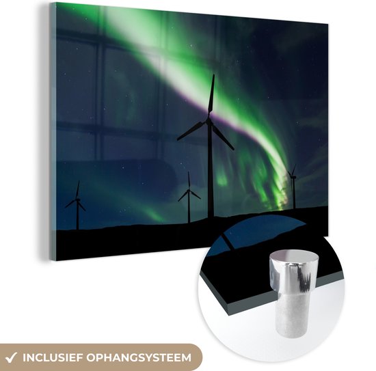 MuchoWow® Glasschilderij 150x100 cm - Schilderij acrylglas - Noorderlicht - Windmolen - Paars - Foto op glas - Schilderijen