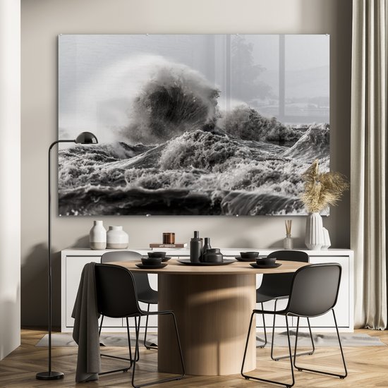 MuchoWow® Peinture sur verre 180x120 cm - Peinture sur verre acrylique - Vagues orageuses en noir et blanc - Photo sur verre - Peintures