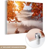 MuchoWow® Glasschilderij 90x60 cm - Schilderij acrylglas - Mist - Boom - Herfst - Foto op glas - Schilderijen