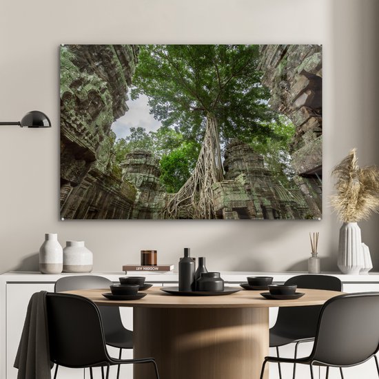 Peinture sur verre MuchoWow® 90x60 cm - Peinture acrylique sur verre - Temple Ta Prohm envahi par la végétation au Cambodge - Photo sur verre - Peintures