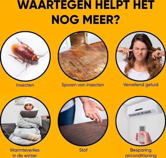 Collage met afbeeldingen van insecten, sporen, geluidsoverlast, tocht, stof en airconditioning. Tekst "WAARTEGEN HELPT HET NOG MEER?".