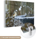 MuchoWow® Glasschilderij 150x100 cm - Schilderij acrylglas - Vogelbad - Winter - Mees - Foto op glas - Schilderijen