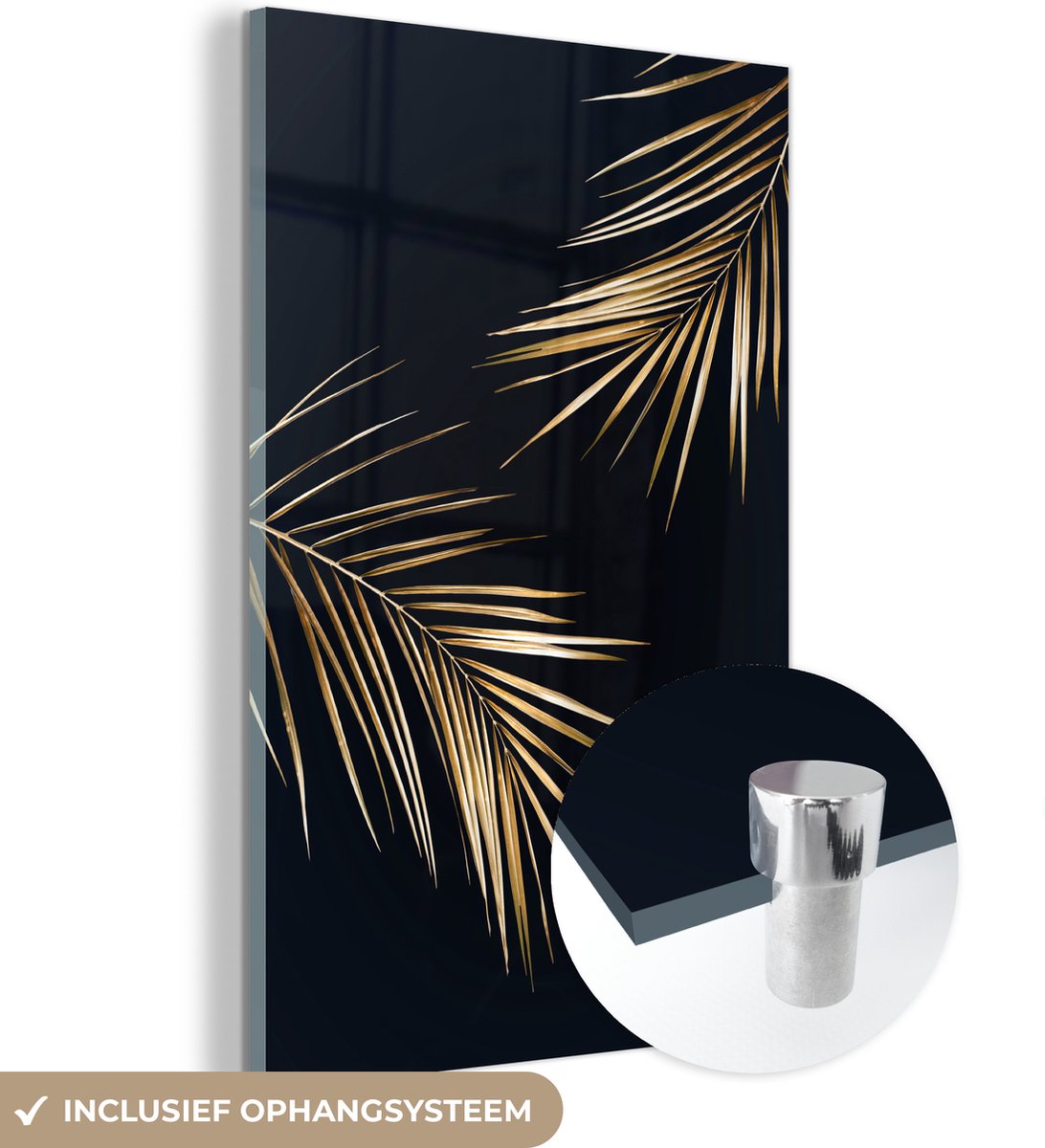 MuchoWow® Glasschilderij 40x60 cm - Schilderij acrylglas - Varens - Planten - Goud - Foto op glas - Schilderijen