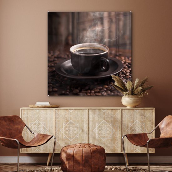 MuchoWow® Peinture sur verre 90x90 cm - Peinture sur verre - Café - Chaud - Grains de café - Photo sur verre acrylique - Peintures