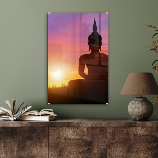 Peinture sur verre - Statue de Bouddha - Silhouette - Coucher de soleil - Spirituel - Peintures de salon - Photo sur verre - Verre acrylique - 40x60 cm - Décoration murale - Peinture sur verre