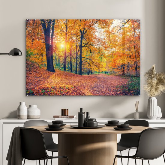 MuchoWow® Glasschilderij 90x60 cm - Schilderij acrylglas - Bomen - Herfst - Bos - Herfstbladeren - Foto op glas - Schilderijen
