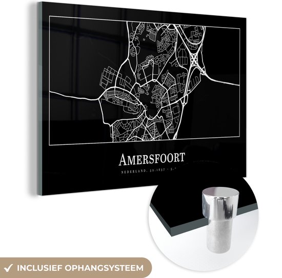 MuchoWow® Glasschilderij 30x20 cm - Schilderij acrylglas - Amersfoort - Stadskaart - Plattegrond - Kaart - Foto op glas - Schilderijen