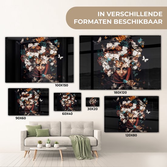 MuchoWow® Peinture sur Verre - Fleurs - Papillon - Femmes - Foulard - 180x120 cm - Peintures sur Verre Acrylique - Photo sur Glas