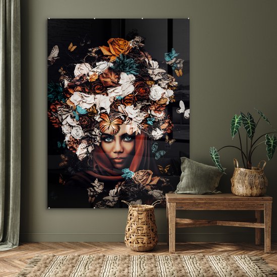 Peinture sur Verre - Fleurs - Papillon - Femmes - Foulard - 120x160 cm - Peintures sur Verre Peintures - Photo sur Glas