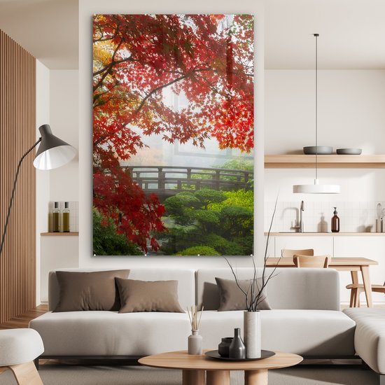 Peinture sur verre - Japonais - Pont - Érable japonais - Arbres - Nature - Verre acrylique - Photo sur verre - 100x150 cm - Peinture sur verre nature - Décoration murale murale verre - Décoration murale - Peinture verre