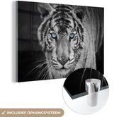 Glasschilderij - Foto op glas - Acrylglas - Dieren - Tijger - Ogen - Blauw - 120x80 cm - Glasschilderij tijger - Glasschilderij zwart wit - Muurdecoratie glas - Wanddecoratie dieren