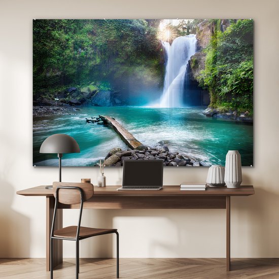Peinture sur verre - Décoration murale - Cascade - Rocher - Paysage - Pierres - Plaque acrylique - Peinture sur Verres - Décoration d'intérieur - 150x100 cm - Verre acrylique