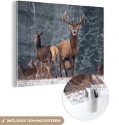 MuchoWow - Glasschilderij - Herten - Landschap - Dieren - Winter - Sneeuw - Acrylglas - Schilderij op glas - 80x60 cm - Glas schilderij - Wanddecoratie - Schilderijen woonkamer