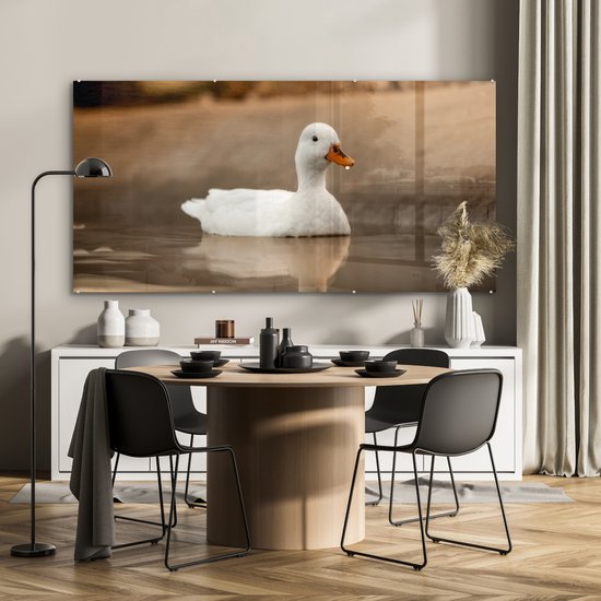 Glasschilderij - Foto op glas - Eend - Vogel - Water - Wit - Woonkamer - 160x80 cm - Acrylglas - Glasschilderij dieren - Muurdecoratie glas - Schilderij glas - Glasschilderij vogels