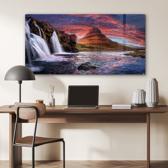 Peinture sur verre - Photo sur verre - Islande - Cascade - Berg - Verre acrylique - Décoration murale - Peinture cascade - Peinture sur verre - 120x60 cm - Décoration murale