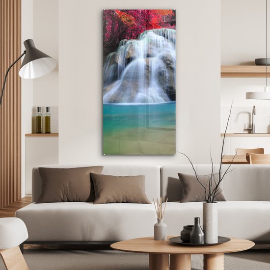 Peinture sur verre - Feuille acrylique - Cascade - Érable du Japon - Rouge - Water - Photo sur verre - Verre acrylique - Peinture sur Verres - Décoration d'intérieur - 60x120 cm - Décoration murale