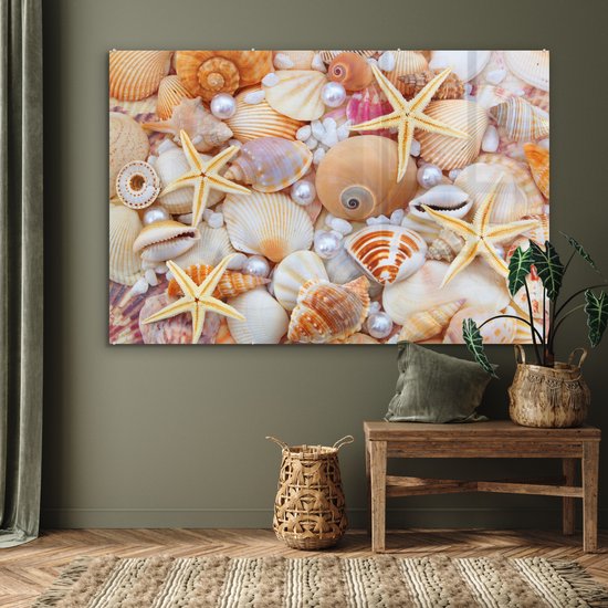 Peinture sur verre - Photo sur verre - Coquillage - Perles - Étoile de mer - Décoration murale - 150x100 cm - Peinture sur verre - Décoration murale - Photo sur verre - Peinture sur verre plage - Verre acrylique