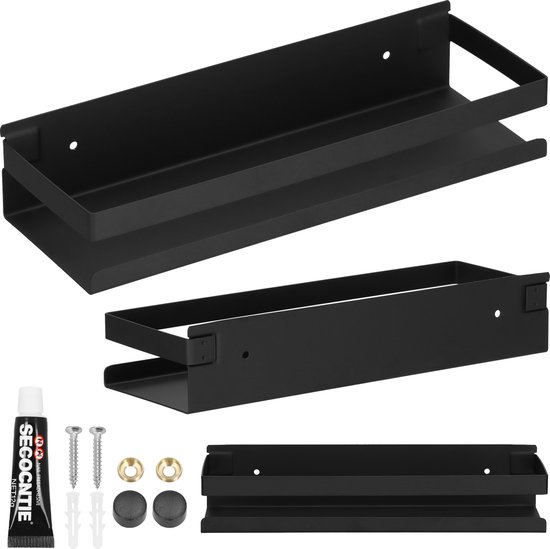 Zwarte metalen doucheplank met dubbele rand en installatie-accessoires.