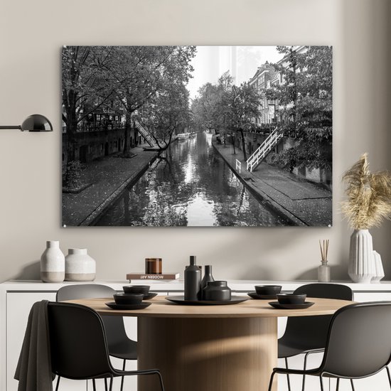 Peinture sur verre - Vue du vieux canal à Utrecht - noir et blanc - 90x60 cm - Peintures sur Verre Peintures - Photo sur Glas