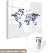 MuchoWow® Glasschilderij 20x20 cm - Schilderij acrylglas - Wereldkaart - Delfts Blauw - wit - Foto op glas - Schilderijen