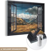 MuchoWow® Glasschilderij 90x60 cm - Schilderij acrylglas - Doorkijk - Pad - Berg - Foto op glas - Schilderijen