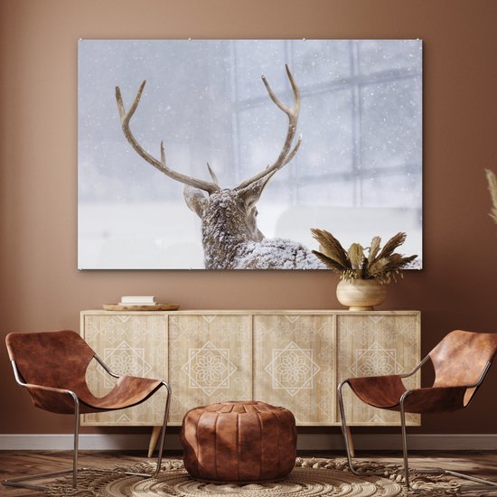 MuchoWow® Peinture sur Verre - Cerf - Bois - Neige - Hiver - 180x120 cm - Peintures sur Verre Acrylique - Photo sur Glas