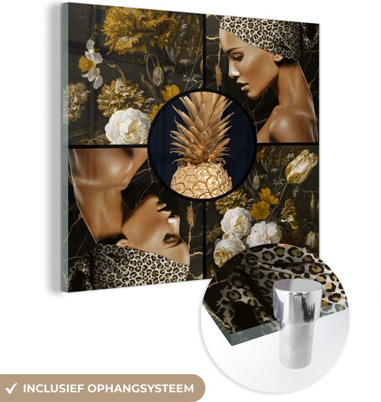 MuchoWow® Glasschilderij - Goud - Zwart - Vrouwen - Bloemen - Acrylglas Schilderijen - Foto op Glas