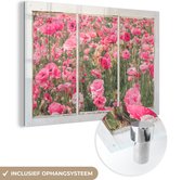 MuchoWow® Glasschilderij 180x120 cm - Schilderij acrylglas - Doorkijk - Bloemen - Roze - Foto op glas - Schilderijen