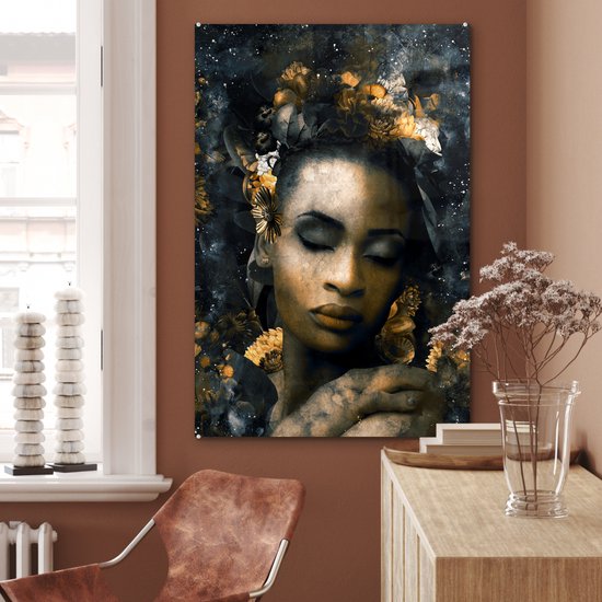 MuchoWow® Glasschilderij 60x90 cm - Schilderij acrylglas - Vrouwen - Abstract - Bloemen - Foto op glas - Schilderijen