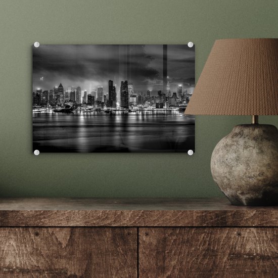 MuchoWow® Peinture sur verre 30x20 cm - Peinture sur verre acrylique - New York - Storm - Zwart - Wit - Photo sur verre - Peintures