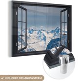 MuchoWow® Glasschilderij 60x40 cm - Schilderij acrylglas - Doorkijk - Berg - Landschap - Foto op glas - Schilderijen