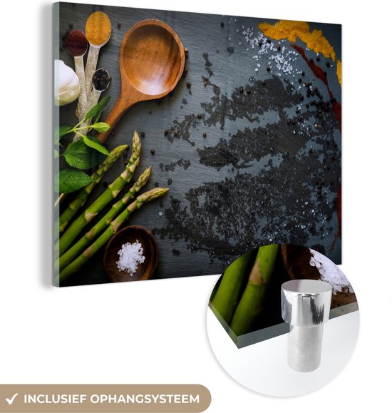 MuchoWow® Glasschilderij 40x30 cm - Schilderij acrylglas - Kruiden - Pollepel - Keuken - Foto op glas - Schilderijen