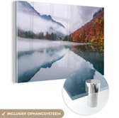 MuchoWow® Glasschilderij 120x80 cm - Schilderij acrylglas - Herfst - Mist - Water - Landschap - Foto op glas - Schilderijen