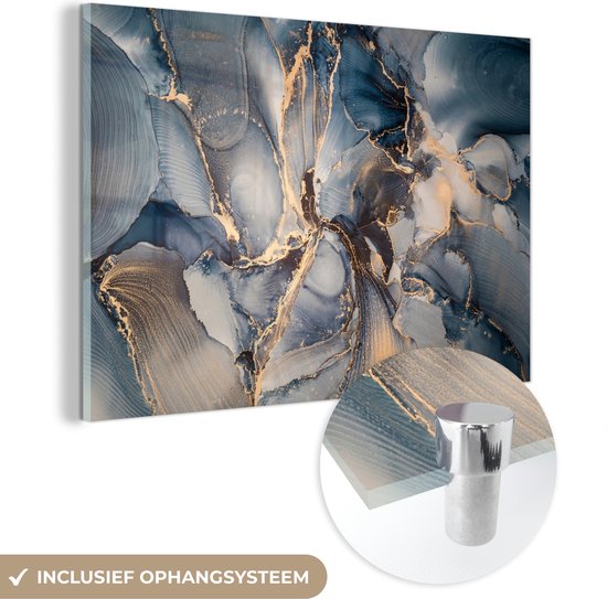 Glasschilderij abstract - Marmer - Goud - Marmerlook - Schilderijen woonkamer - Foto op glas - Glasplaat - Kamer decoratie - 90x60 cm - Wanddecoratie - Muurdecoratie - Slaapkamer - Schilderij glas