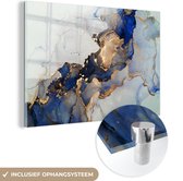 MuchoWow® Glasschilderij 60x40 cm - Schilderij acrylglas - Marmer - Blauw - Goud - Foto op glas - Schilderijen