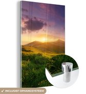 MuchoWow® Glasschilderij 80x120 cm - Schilderij acrylglas - Bergen - Zon - Natuur - Foto op glas - Schilderijen