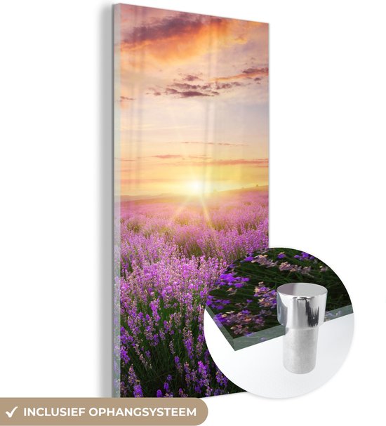 MuchoWow® Glasschilderij 40x80 cm - Schilderij acrylglas - Lavendel - Zon - Bloemen - Foto op glas - Schilderijen