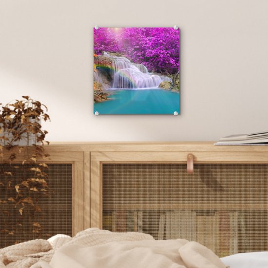 MuchoWow® Peinture sur verre 20x20 cm - Peinture sur verre acrylique - Cascade - Arbres - Arc-en-ciel - Violet - Photo sur verre - Peintures