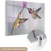 MuchoWow® Glasschilderij 90x60 cm - Schilderij acrylglas - Kolibrie - Bloem - Roze - Foto op glas - Schilderijen